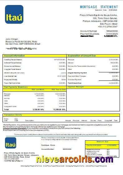 Brazil Itau bank mortgage statement